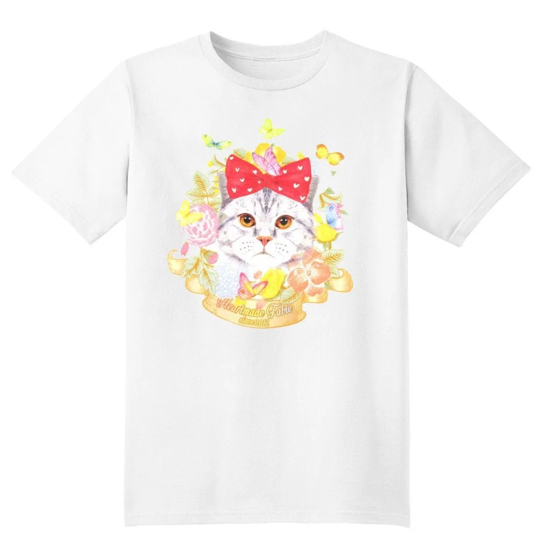 Kitty Cat Surrounded by Flowers and Butterflies Graphic Print Tee T-Shirt for Women