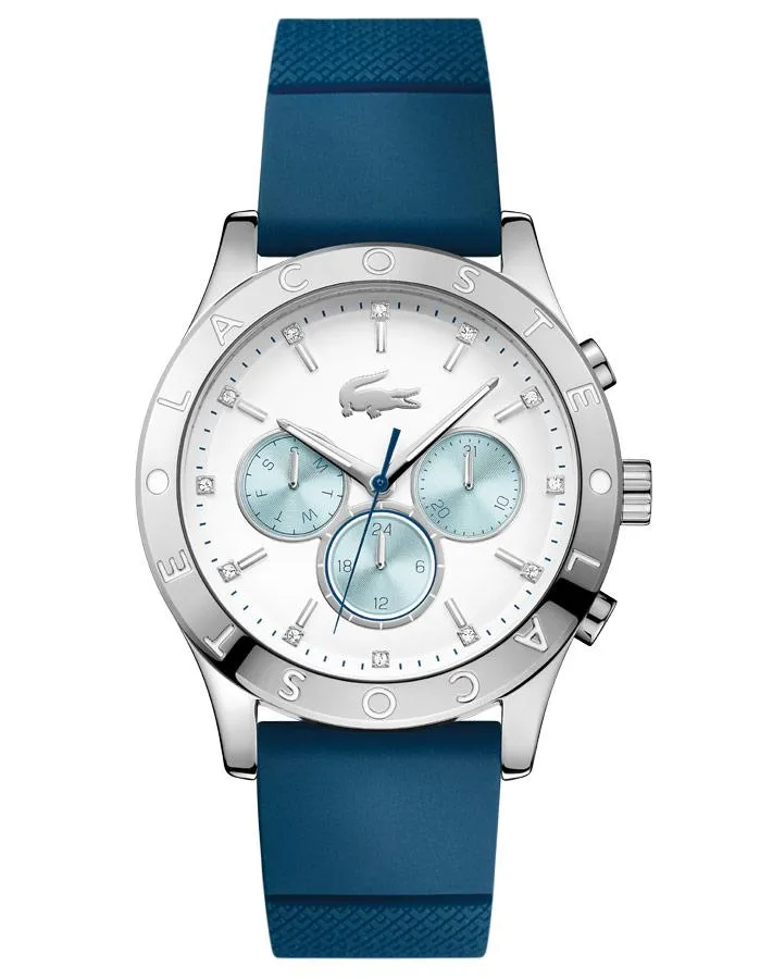 Lacoste Charlotte Womens Crystal Day/Date Watch - White & Blue - Blue Strap