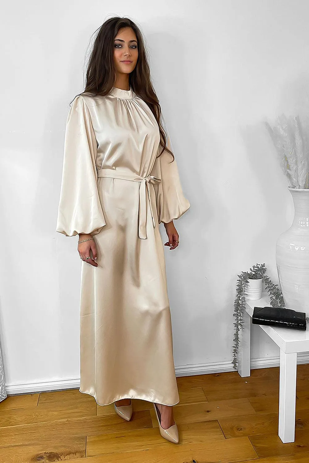 Lantern Sleeves High Neck Satin Modest Dress