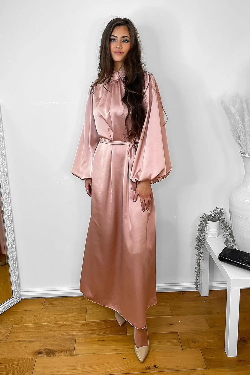 Lantern Sleeves High Neck Satin Modest Dress