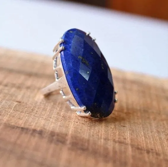 Lapis Lazuli Prong Gemstone 925 Sterling Silver Handmade Ring