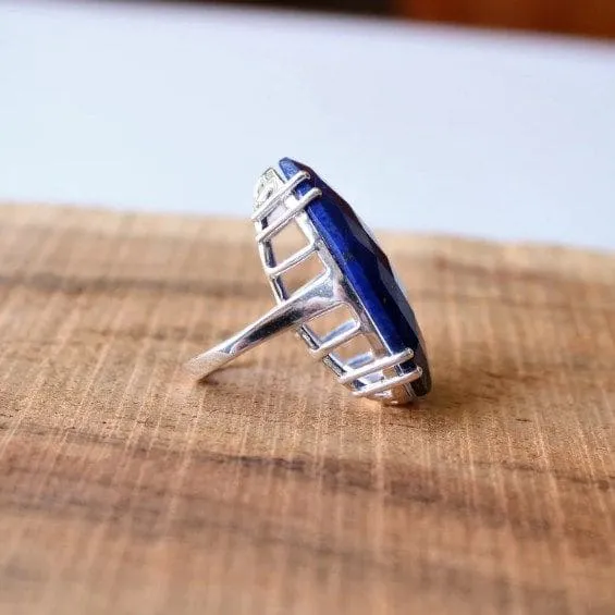 Lapis Lazuli Prong Gemstone 925 Sterling Silver Handmade Ring