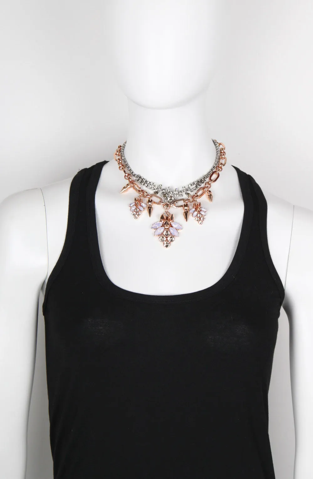 Layered Necklace with Crystal Clusters & Spikes, Rose Gold