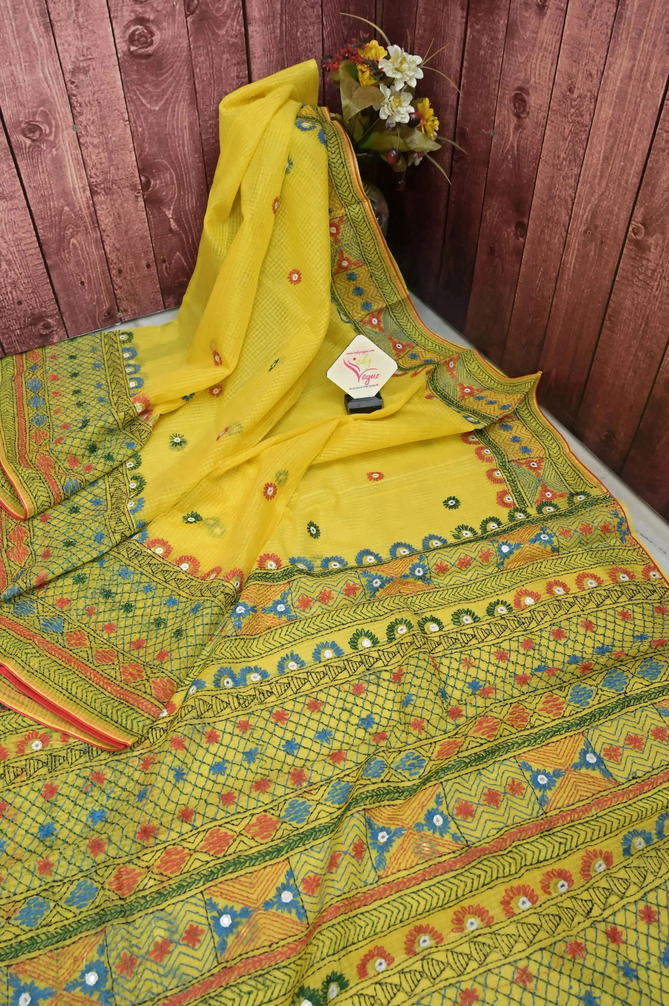 Lemon Yellow Color Resham Kota Saree with Hand Lambani and Mirror Work