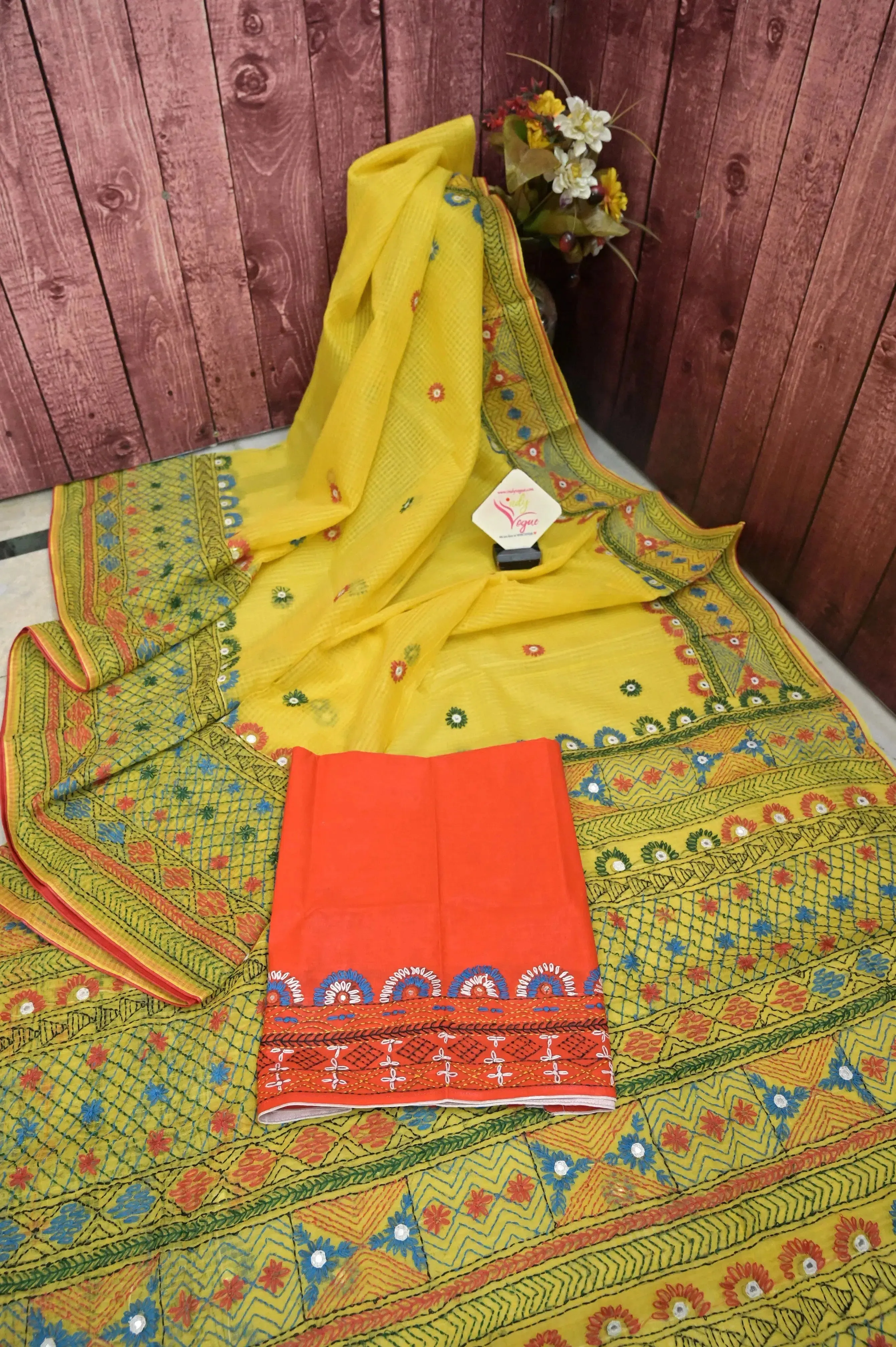 Lemon Yellow Color Resham Kota Saree with Hand Lambani and Mirror Work