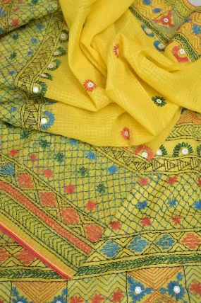 Lemon Yellow Color Resham Kota Saree with Hand Lambani and Mirror Work