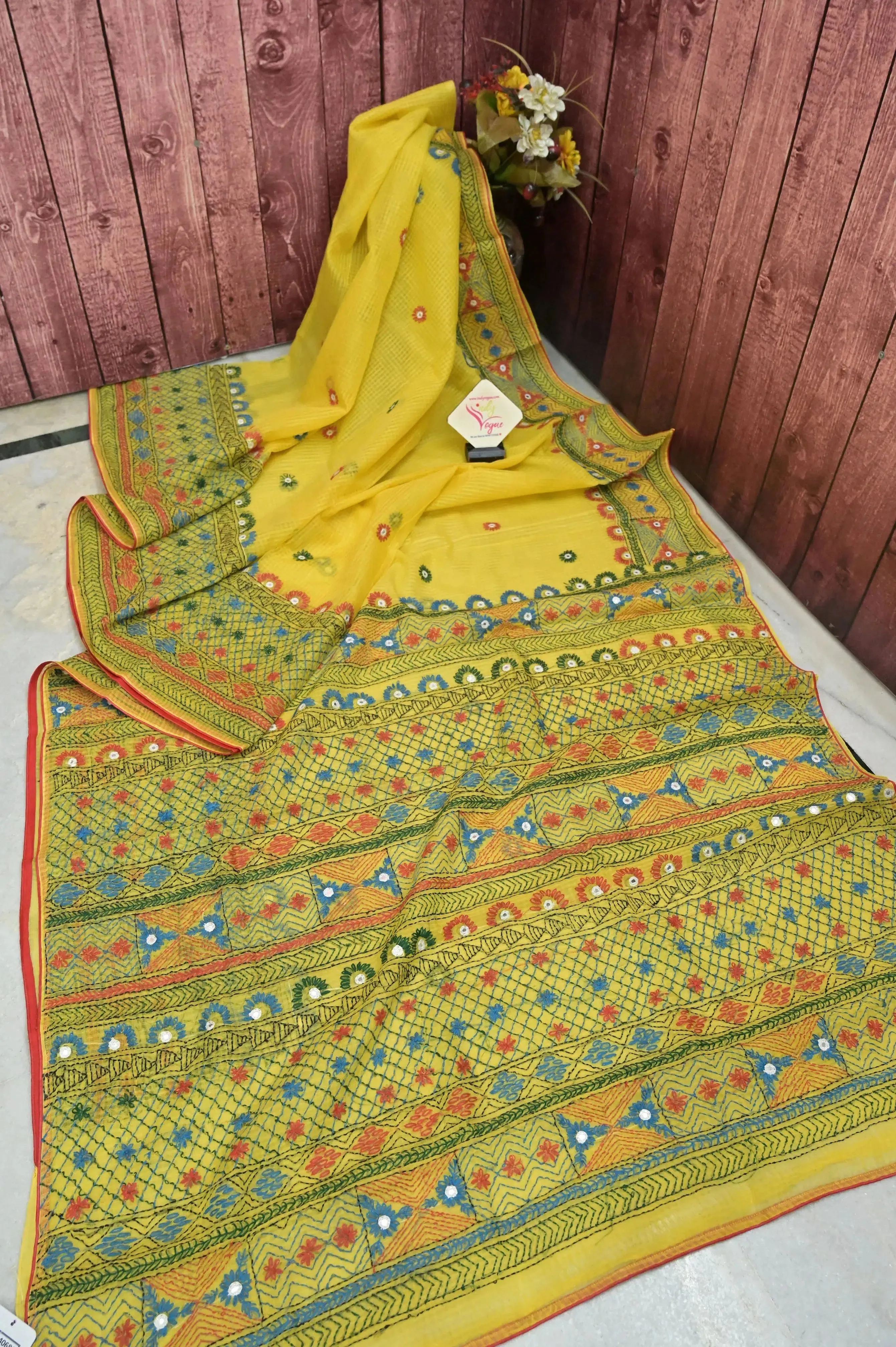 Lemon Yellow Color Resham Kota Saree with Hand Lambani and Mirror Work