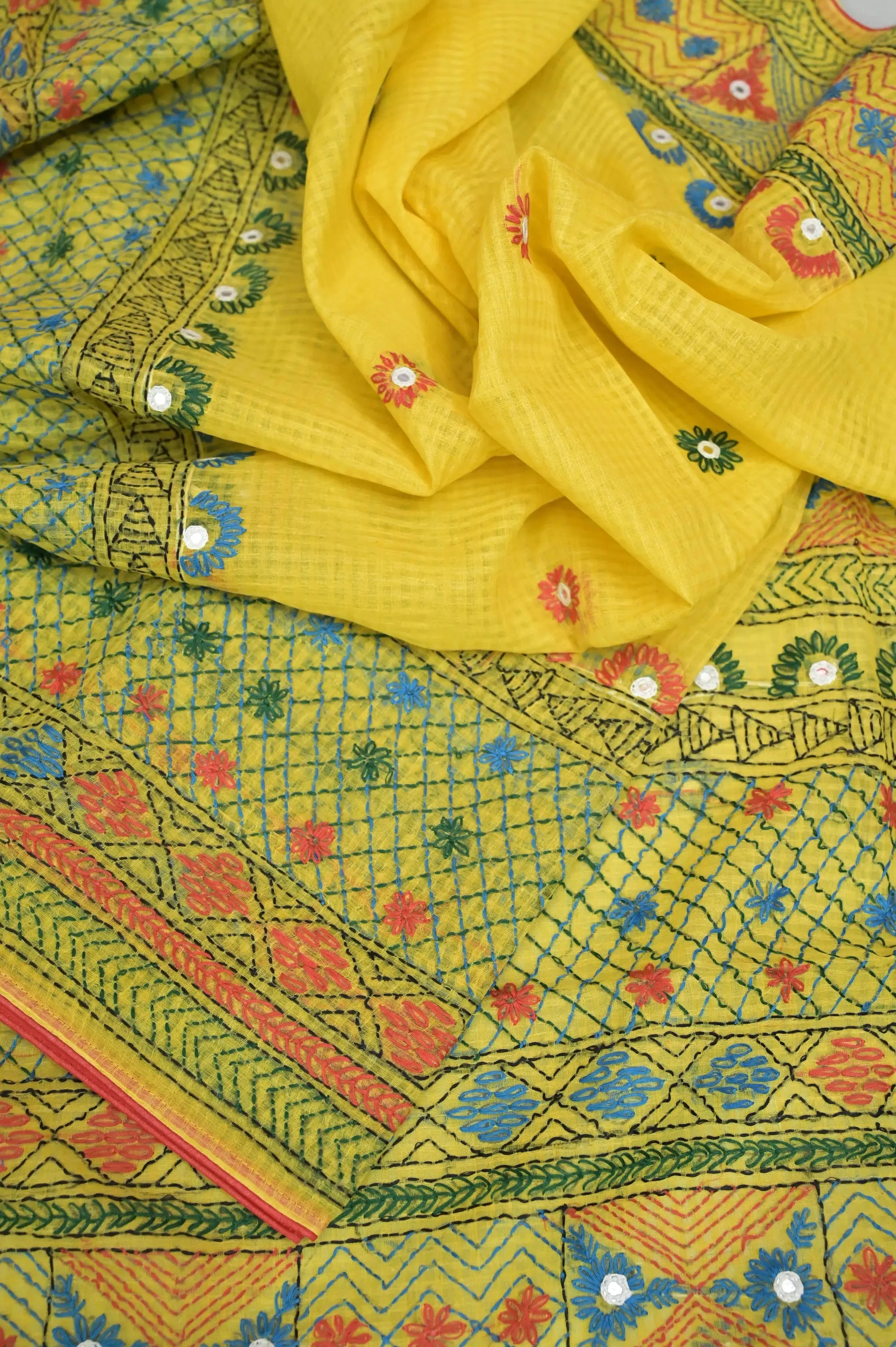 Lemon Yellow Color Resham Kota Saree with Hand Lambani and Mirror Work