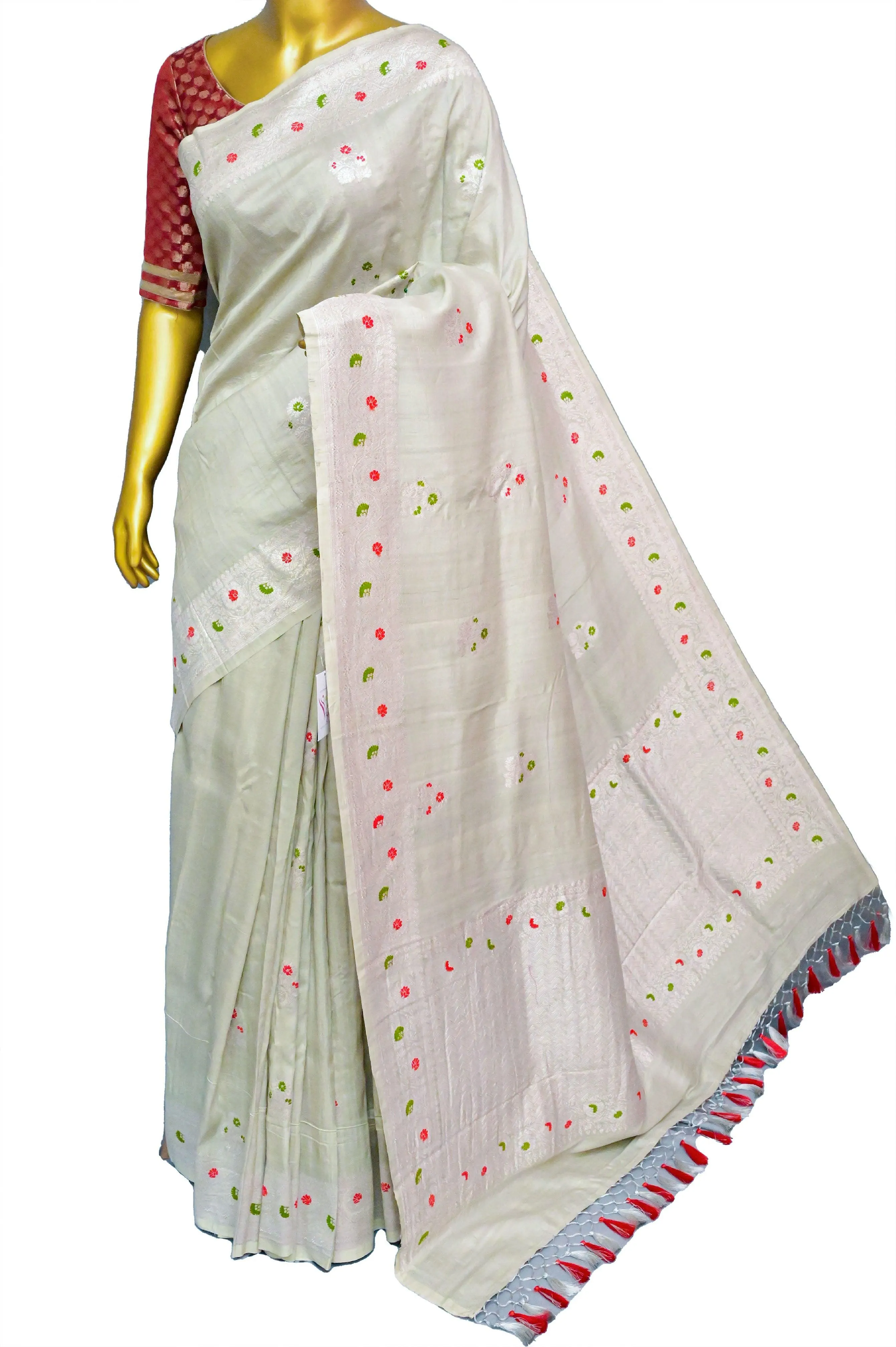 Light Pistachio Green Color Tussar Georgette Banarasi Saree with Zari & Meenakari Work