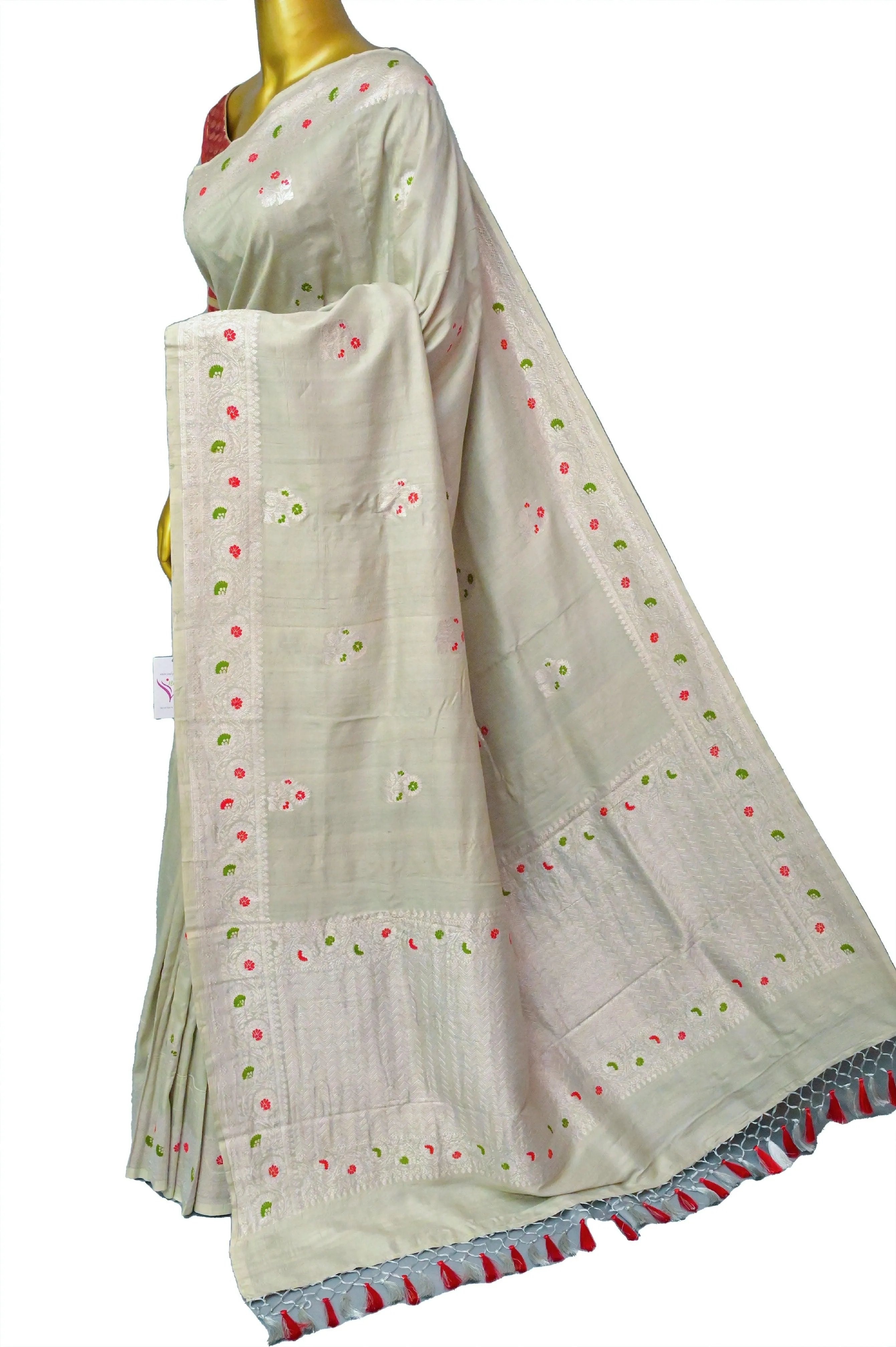 Light Pistachio Green Color Tussar Georgette Banarasi Saree with Zari & Meenakari Work