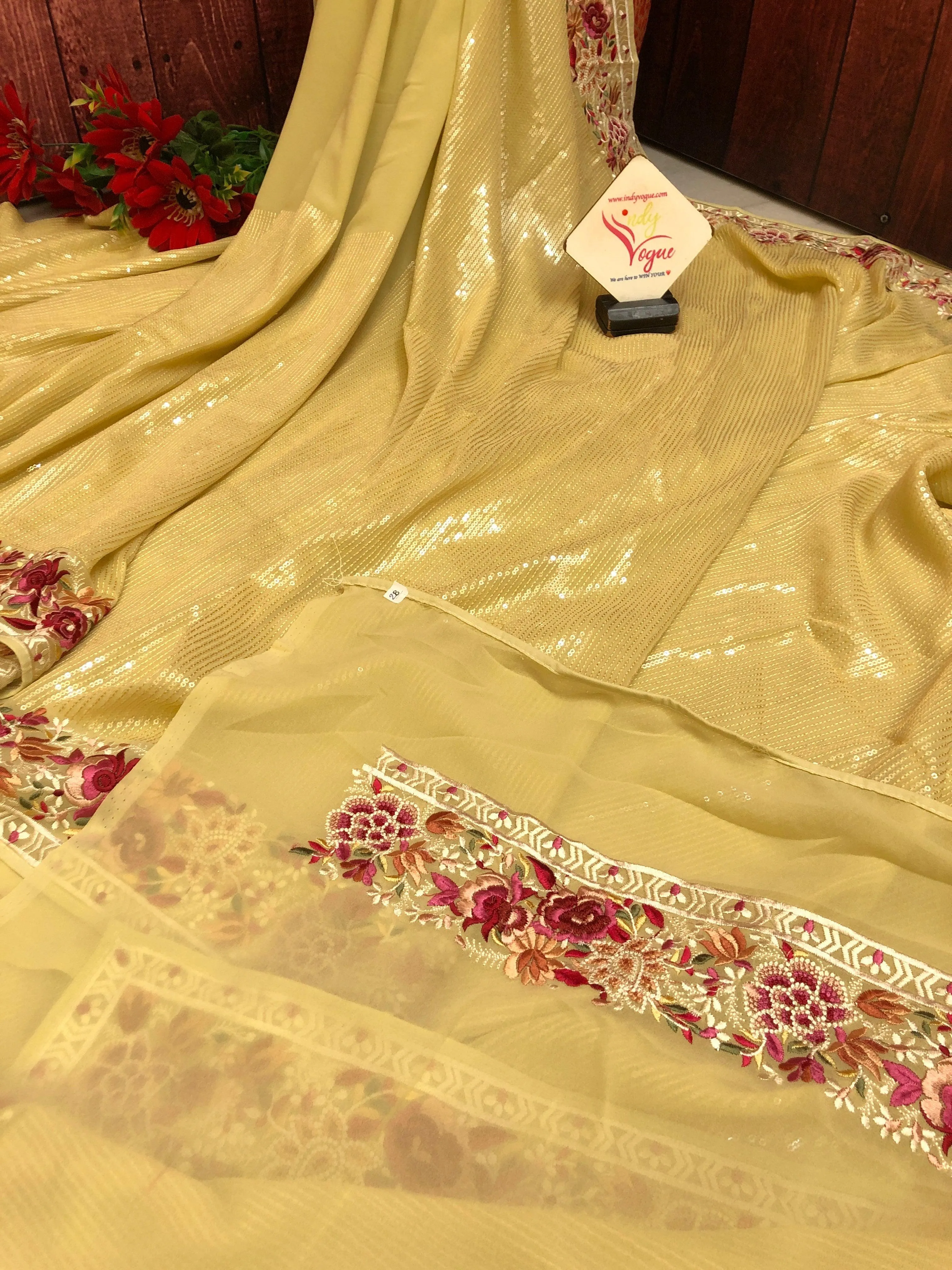 Light Yellow Color Designer Georgette Saree with Embroidery and Sequin Work