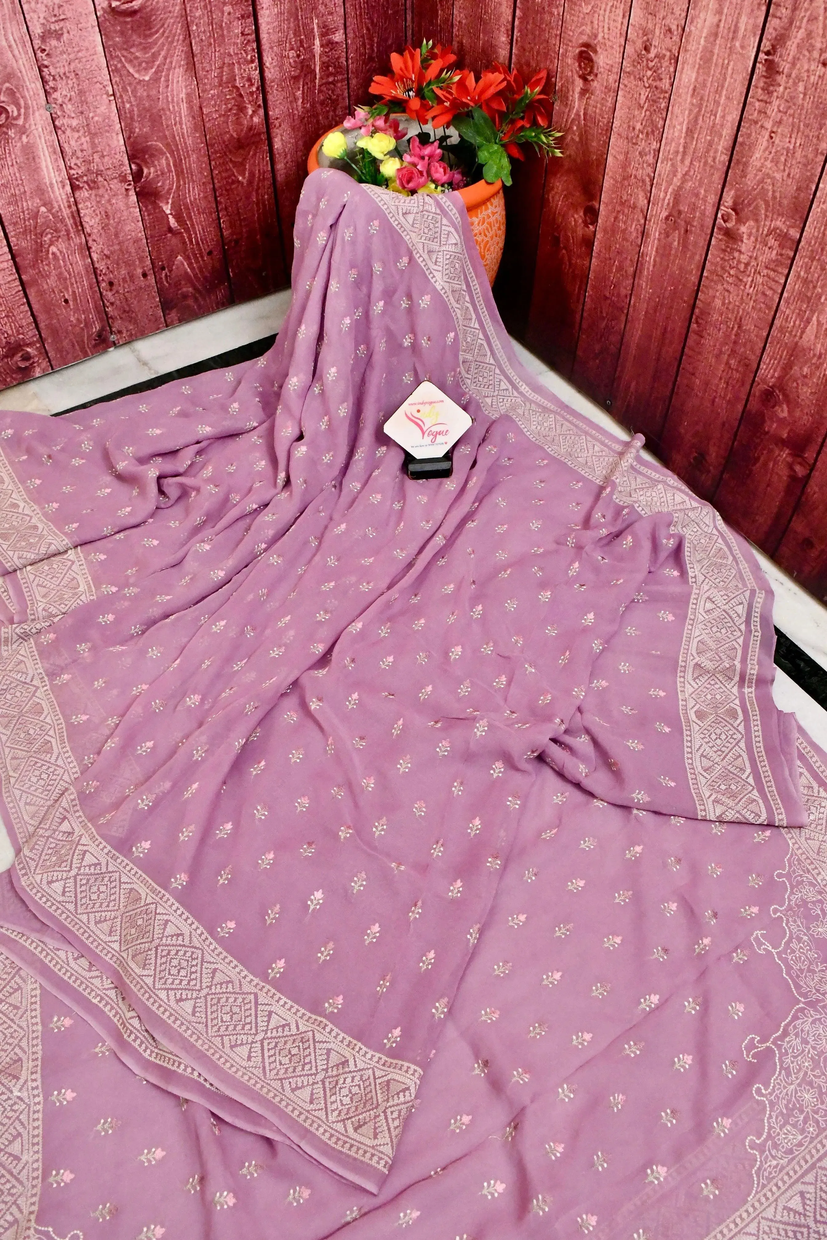 Lilac Pink Color Georgette Saree with Allover Embroidery Work