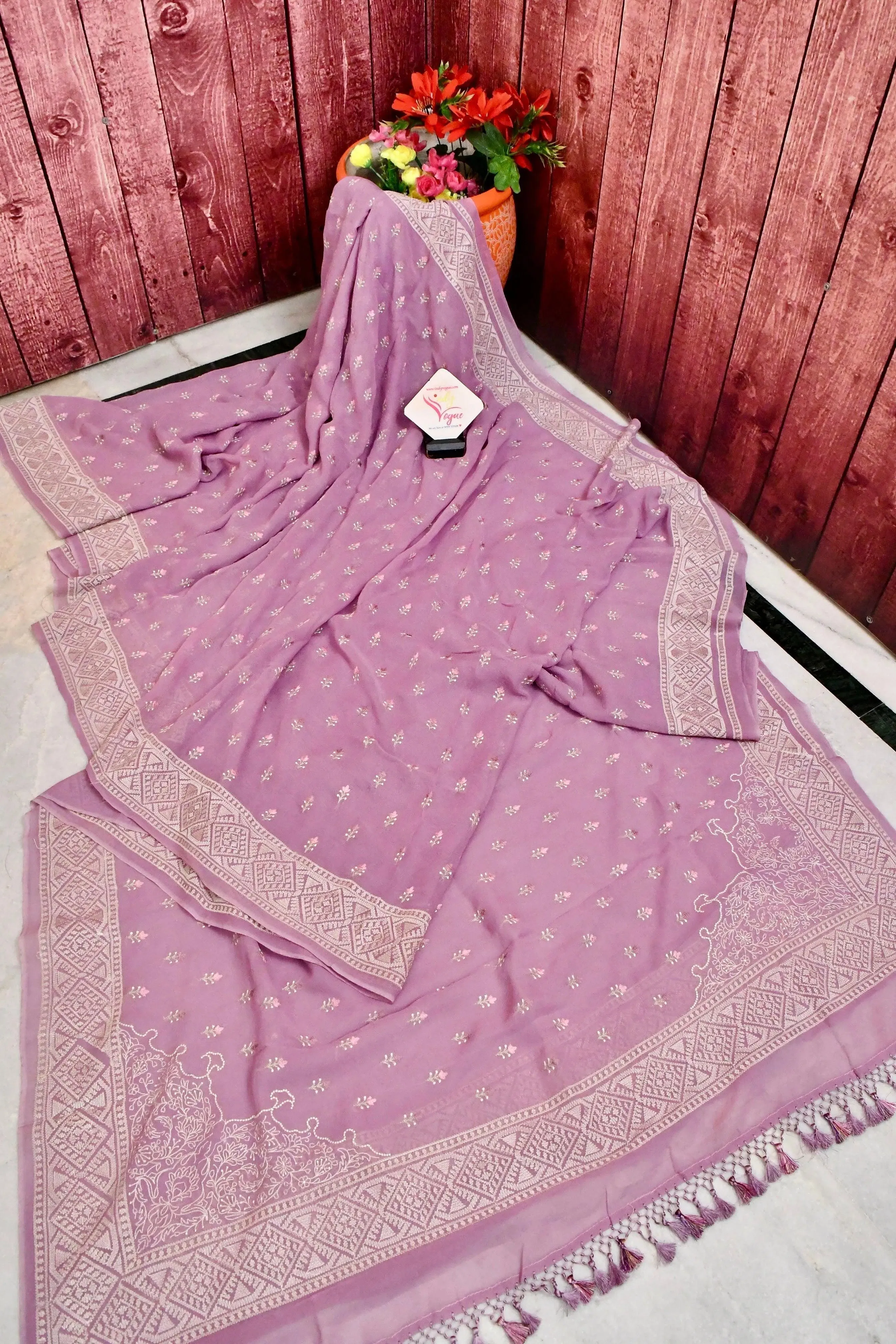 Lilac Pink Color Georgette Saree with Allover Embroidery Work