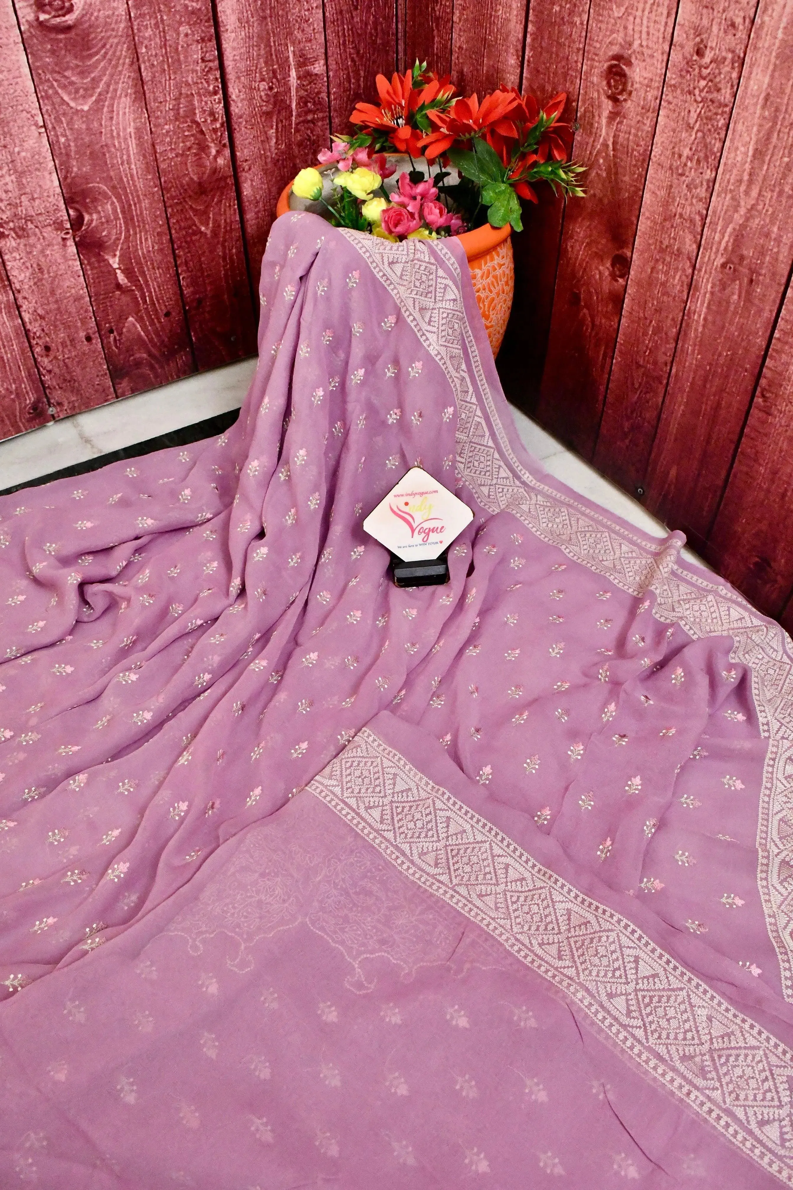 Lilac Pink Color Georgette Saree with Allover Embroidery Work