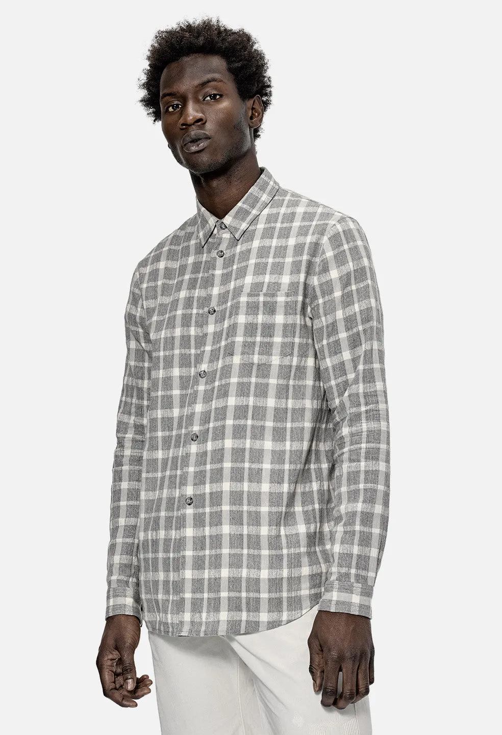 LS Button Up / Natural x Grey