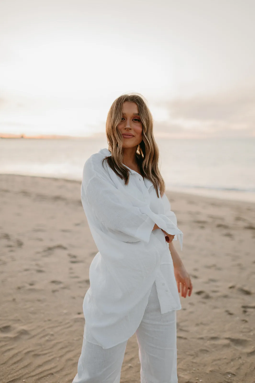 Margot Oversized Linen Shirt Dress in Dove White