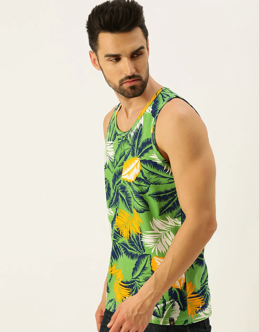 Men's Green Round Neck Printed Men's Vest