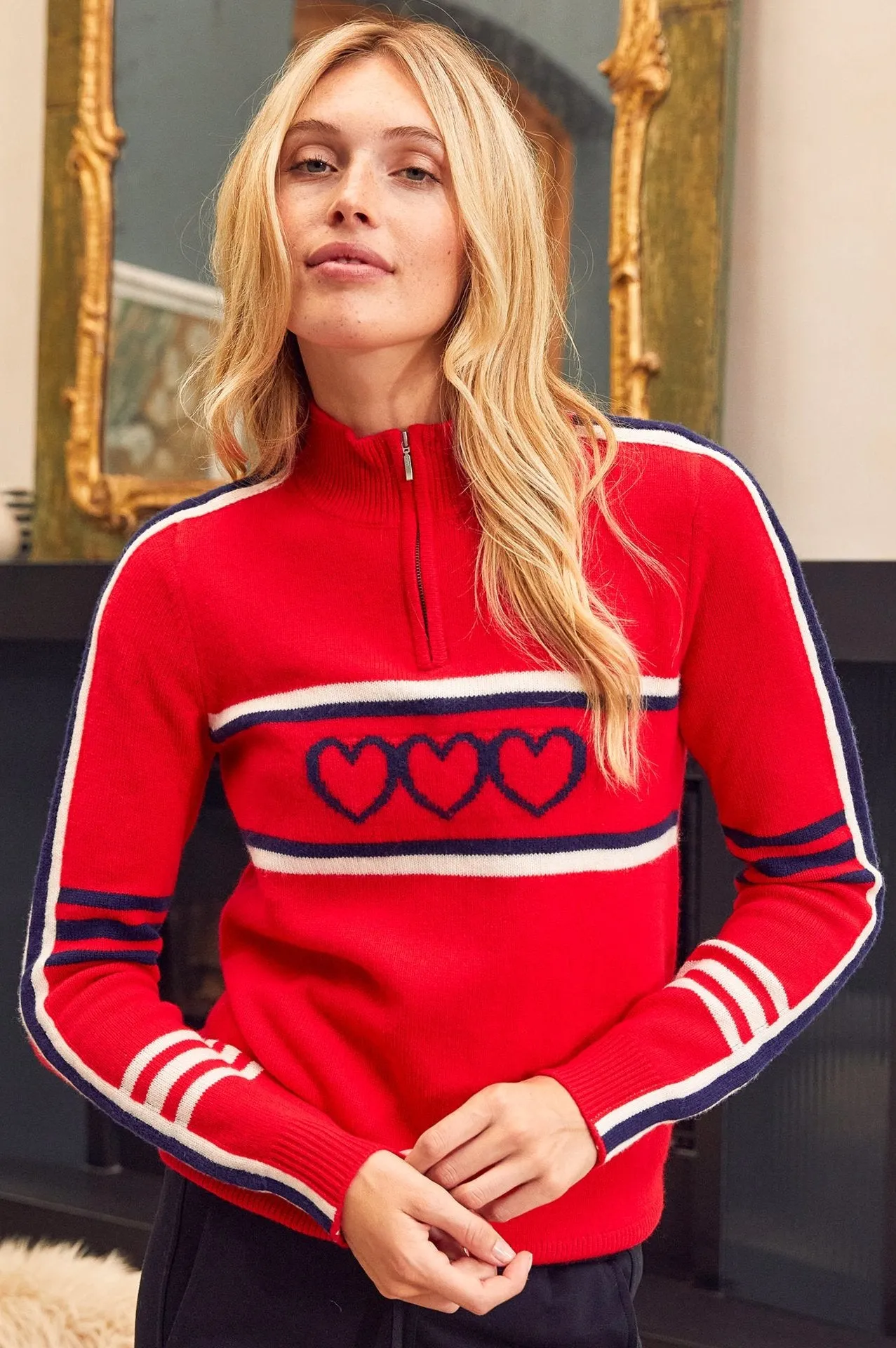 Merino Wool Stripe Hearts Quarter Zip | Red/Navy/Cream