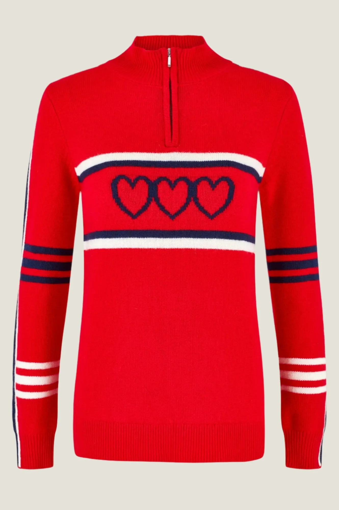 Merino Wool Stripe Hearts Quarter Zip | Red/Navy/Cream