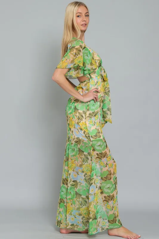 Mindy Floral Cap Sleeve Chiffon Button Down Maxi Dress