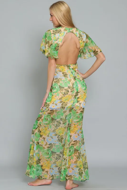 Mindy Floral Cap Sleeve Chiffon Button Down Maxi Dress