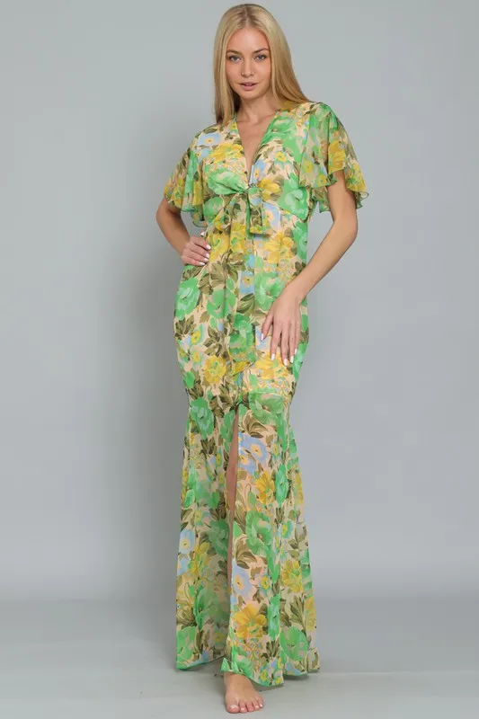 Mindy Floral Cap Sleeve Chiffon Button Down Maxi Dress