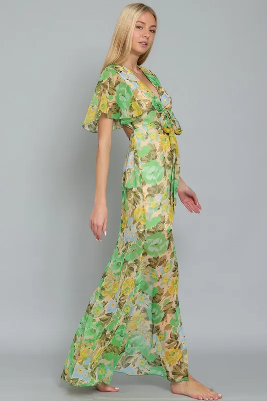 Mindy Floral Cap Sleeve Chiffon Button Down Maxi Dress