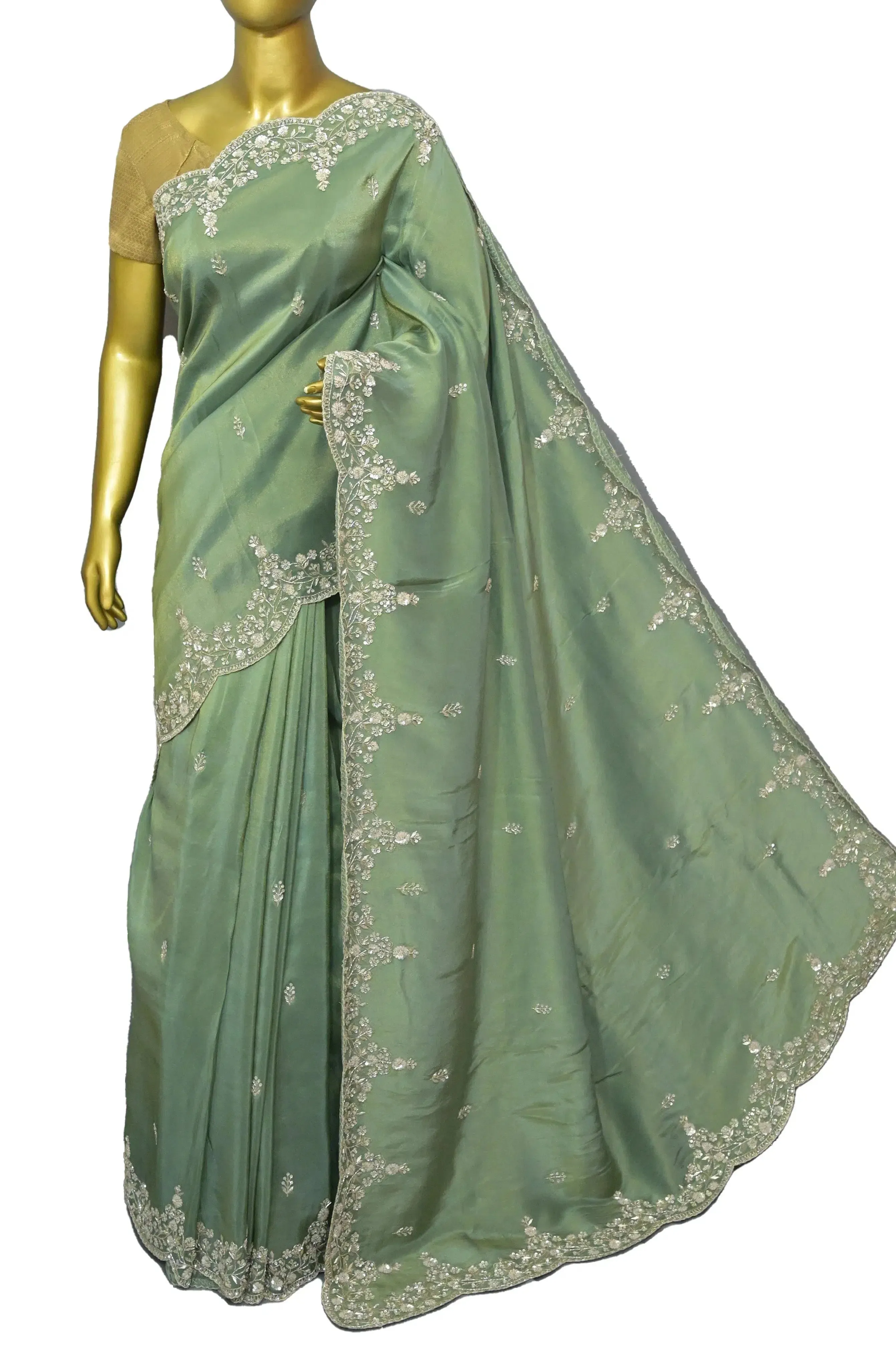 Moss Green Color Georgette Tissue Saree with Hand Zardozi Work and Scallop Border