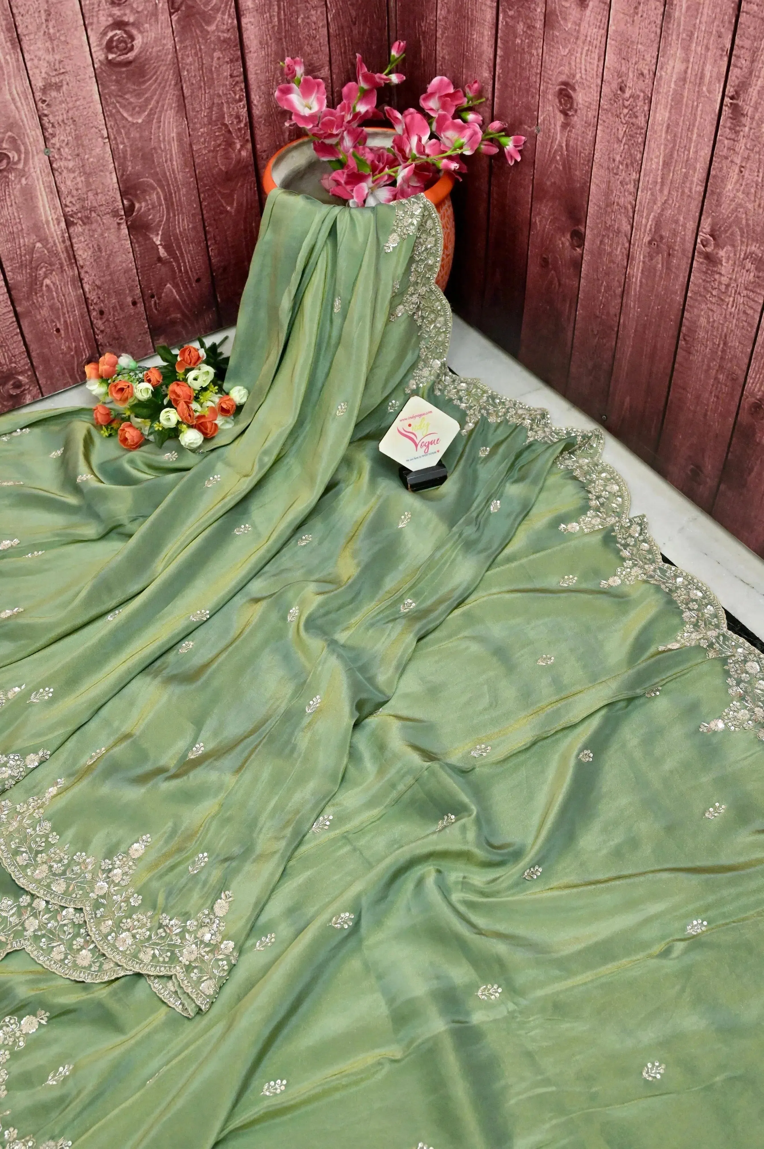 Moss Green Color Georgette Tissue Saree with Hand Zardozi Work and Scallop Border