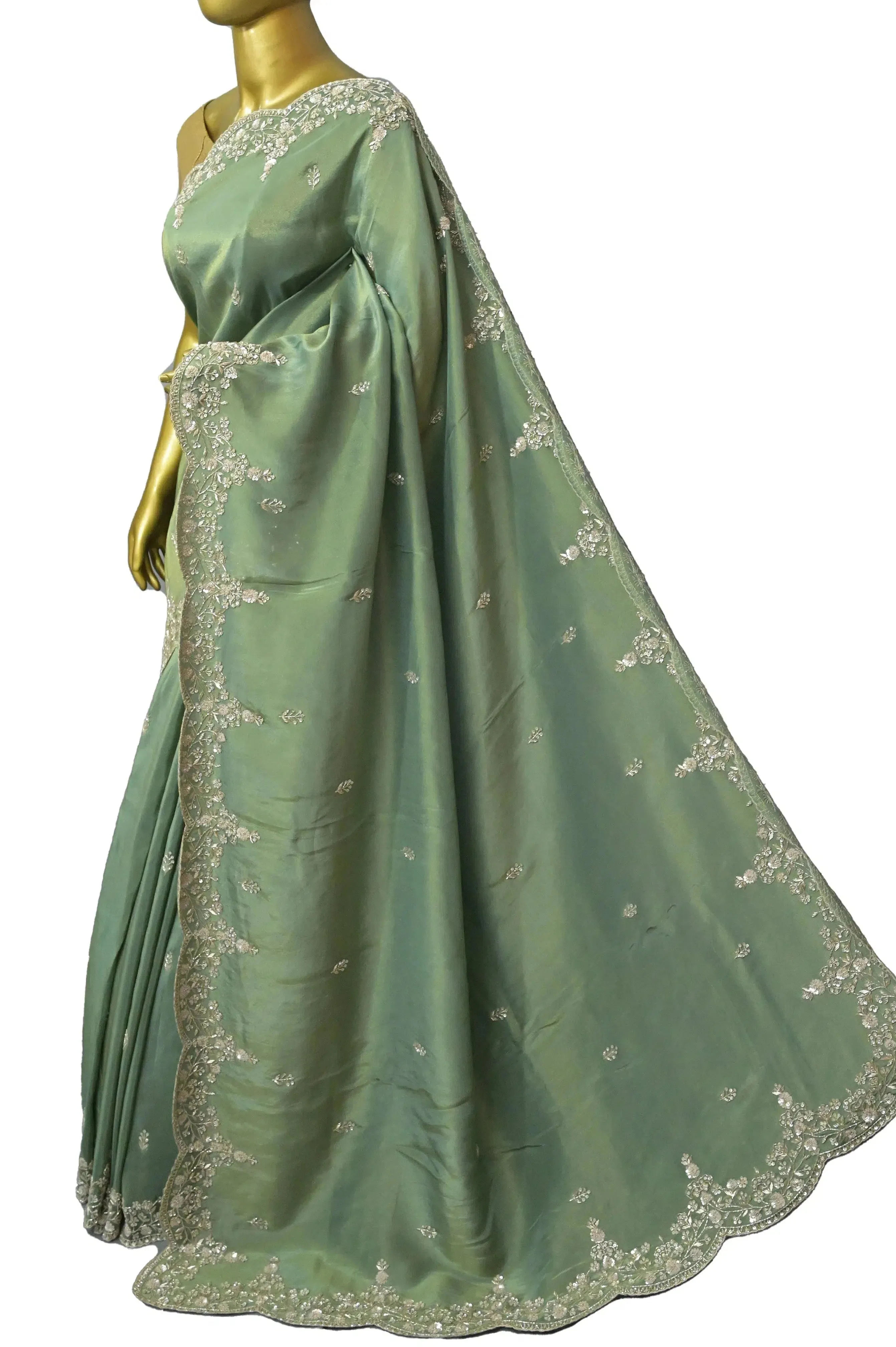 Moss Green Color Georgette Tissue Saree with Hand Zardozi Work and Scallop Border