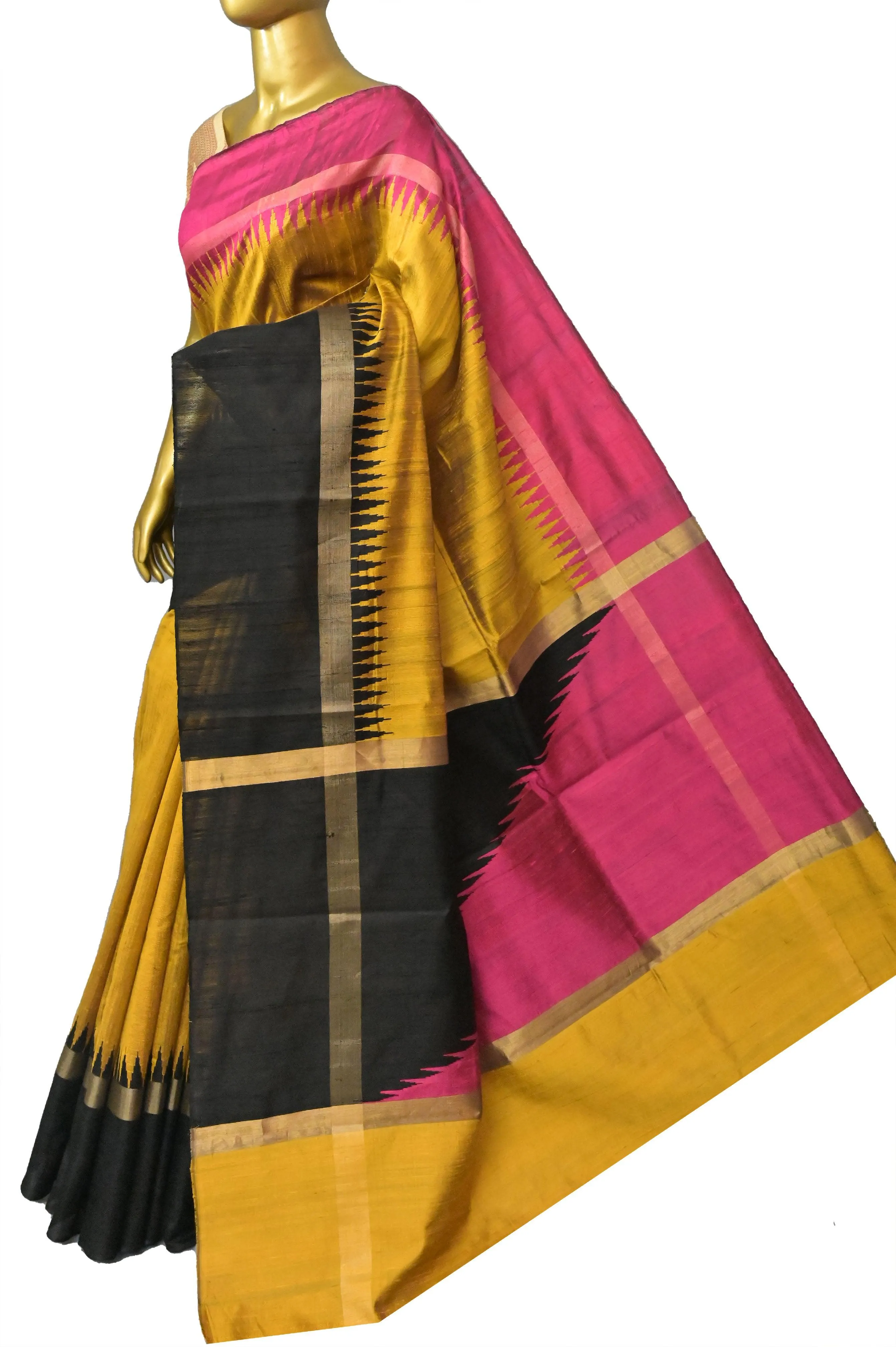 Mustard Color Pure Raw Silk Saree with Ganga Jamuna Border