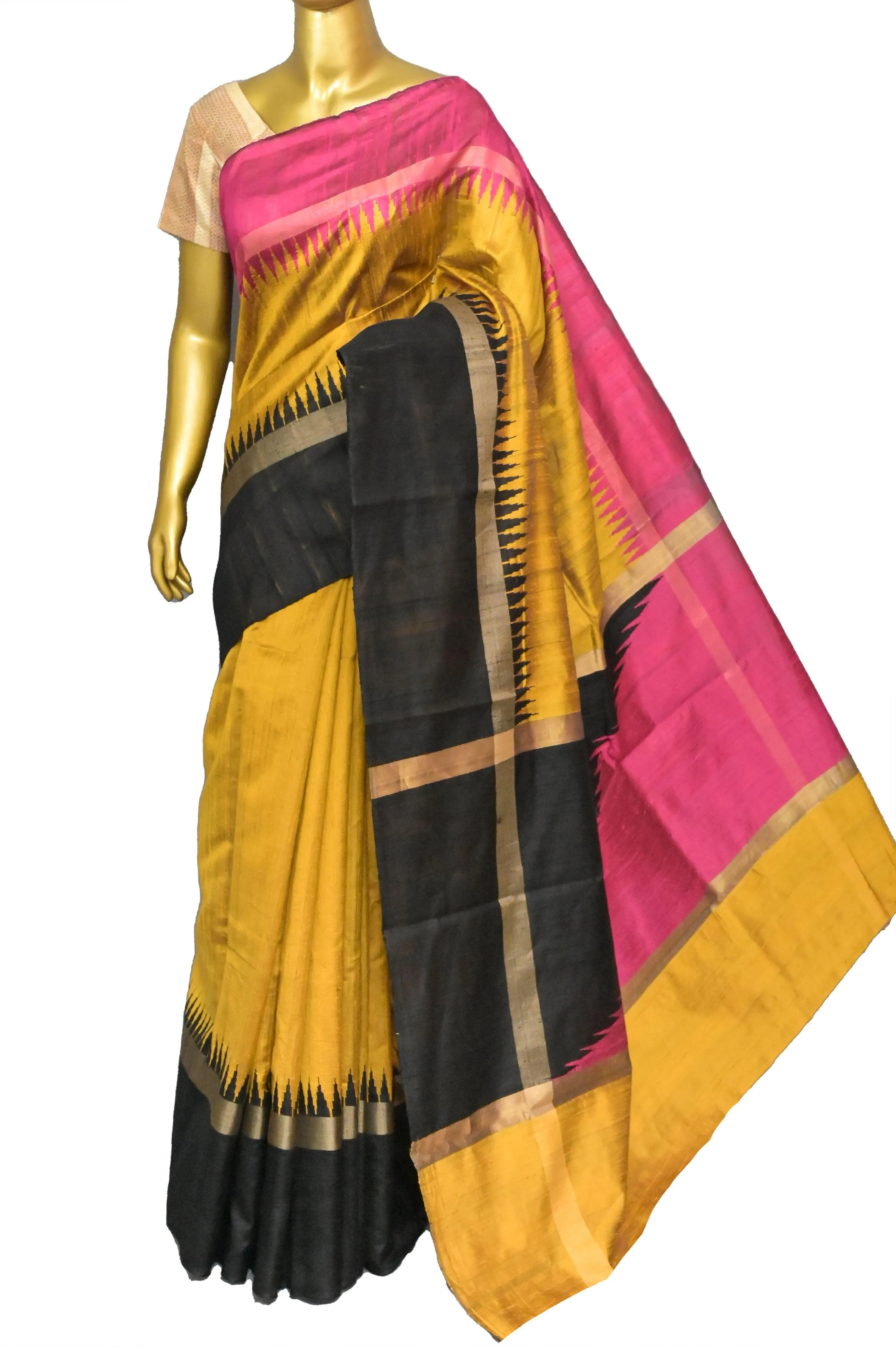 Mustard Color Pure Raw Silk Saree with Ganga Jamuna Border