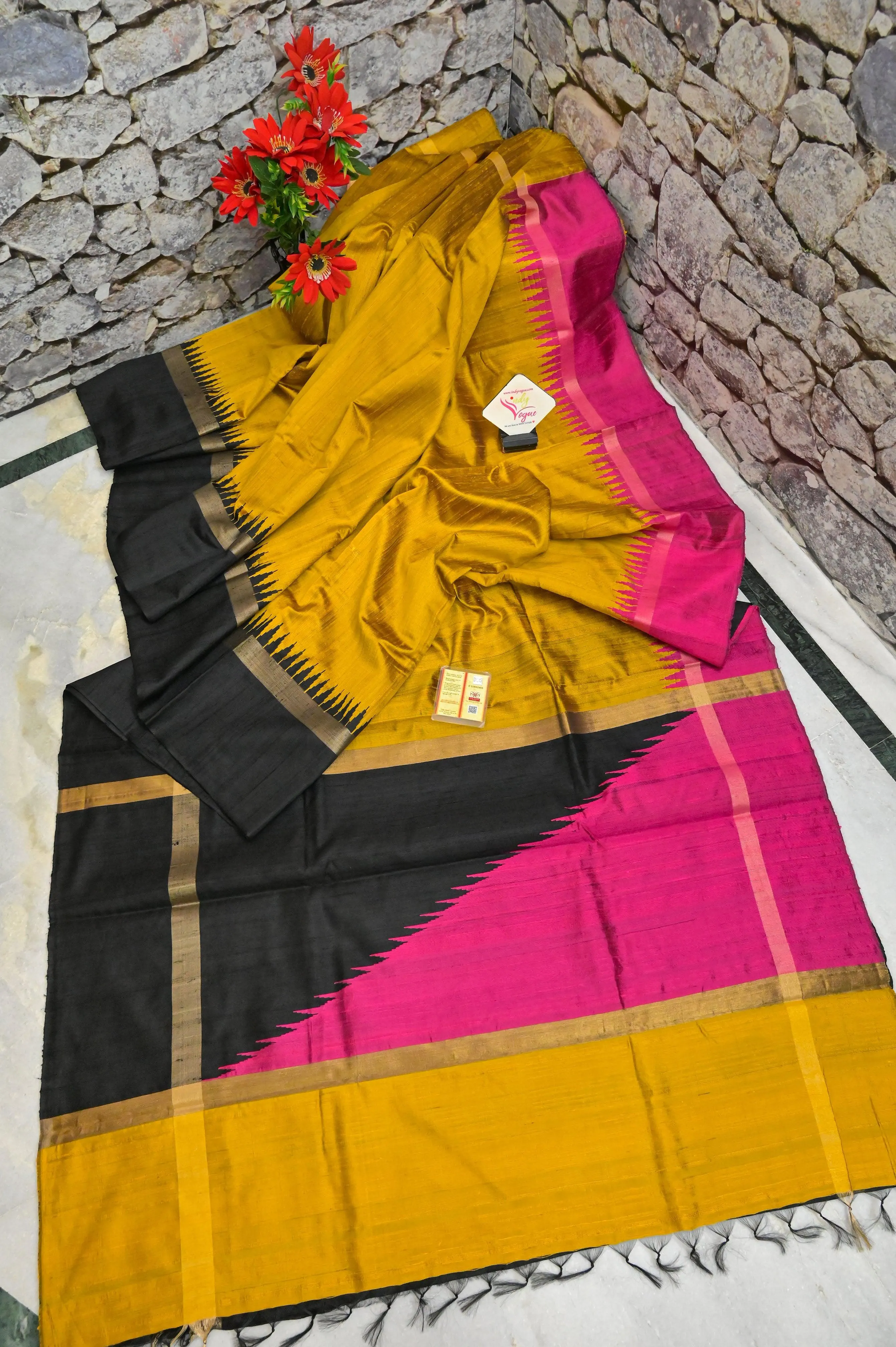 Mustard Color Pure Raw Silk Saree with Ganga Jamuna Border