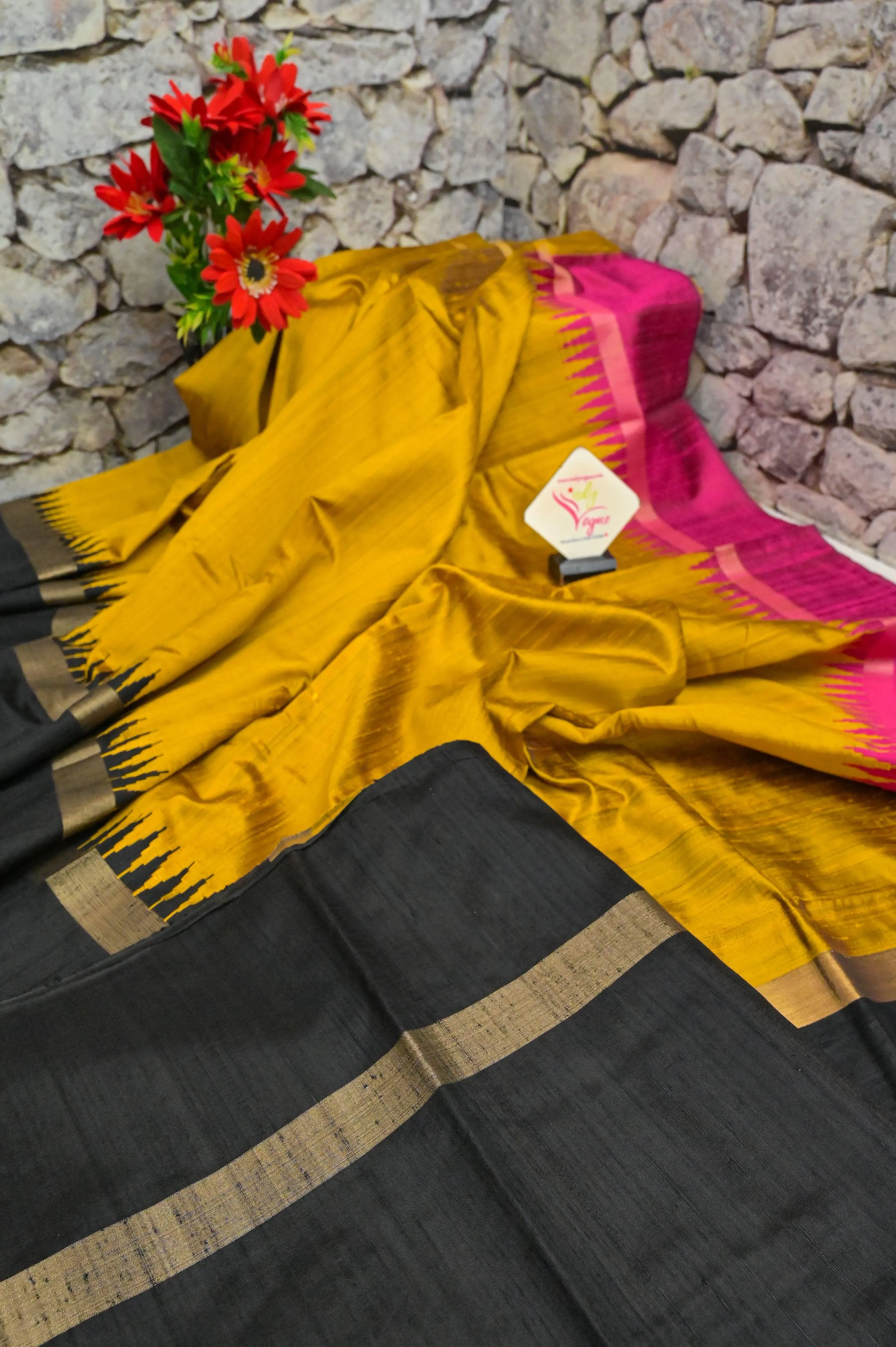 Mustard Color Pure Raw Silk Saree with Ganga Jamuna Border