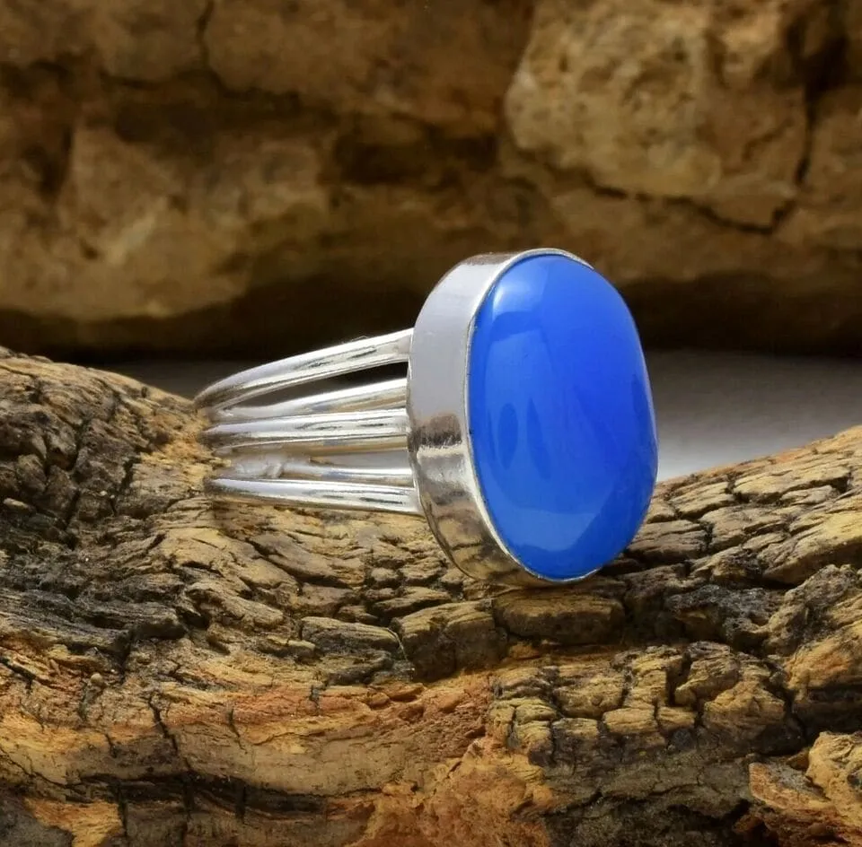 Natural Blue Chalcedony 925 Sterling Silver Promise Ring