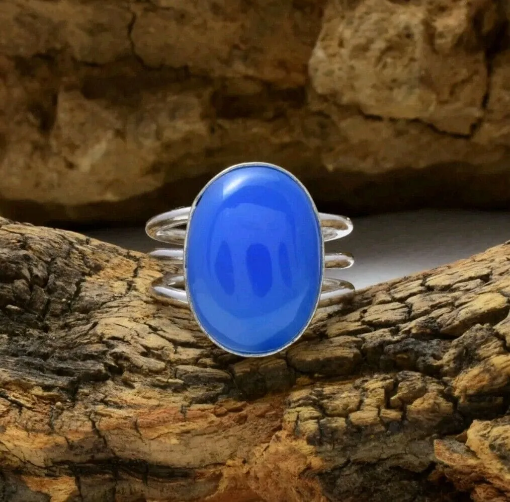 Natural Blue Chalcedony 925 Sterling Silver Promise Ring