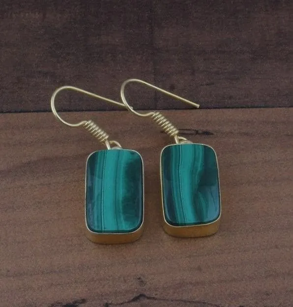 Natural Malachite Rectangle 925 Sterling Silver Dangle & Drop Gold Plated Earrings