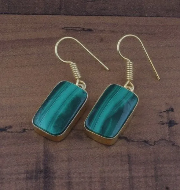 Natural Malachite Rectangle 925 Sterling Silver Dangle & Drop Gold Plated Earrings