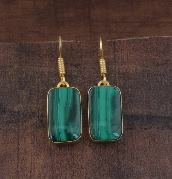 Natural Malachite Rectangle 925 Sterling Silver Dangle & Drop Gold Plated Earrings