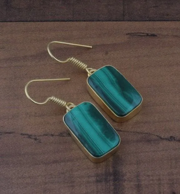 Natural Malachite Rectangle 925 Sterling Silver Dangle & Drop Gold Plated Earrings