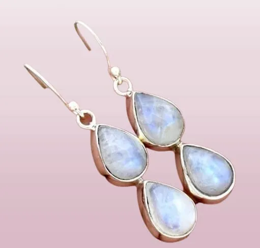 Natural Rainbow Moonstone 925 Sterling Silver Dangle Earrings