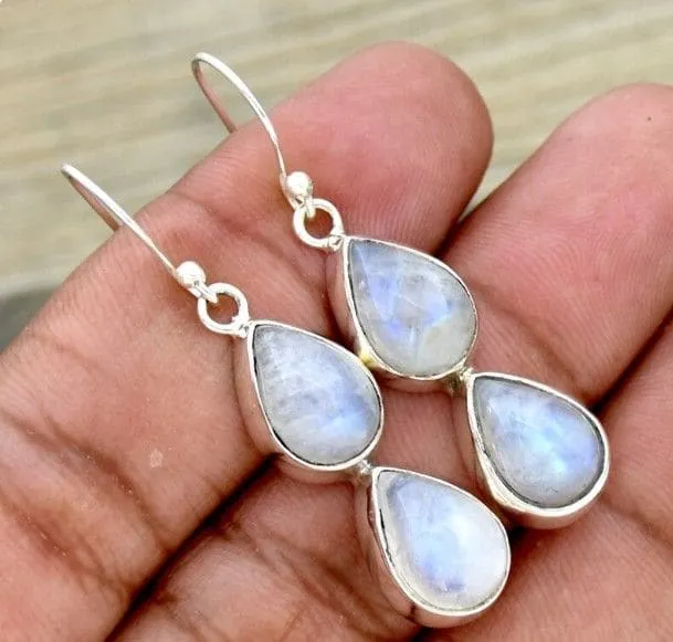 Natural Rainbow Moonstone 925 Sterling Silver Dangle Earrings