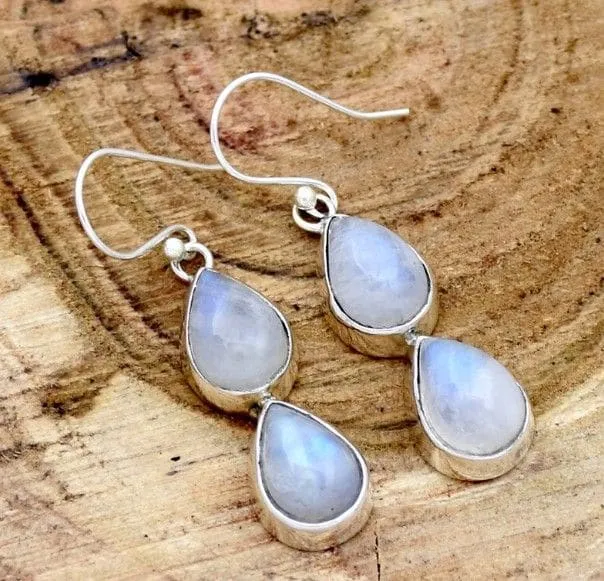 Natural Rainbow Moonstone 925 Sterling Silver Dangle Earrings