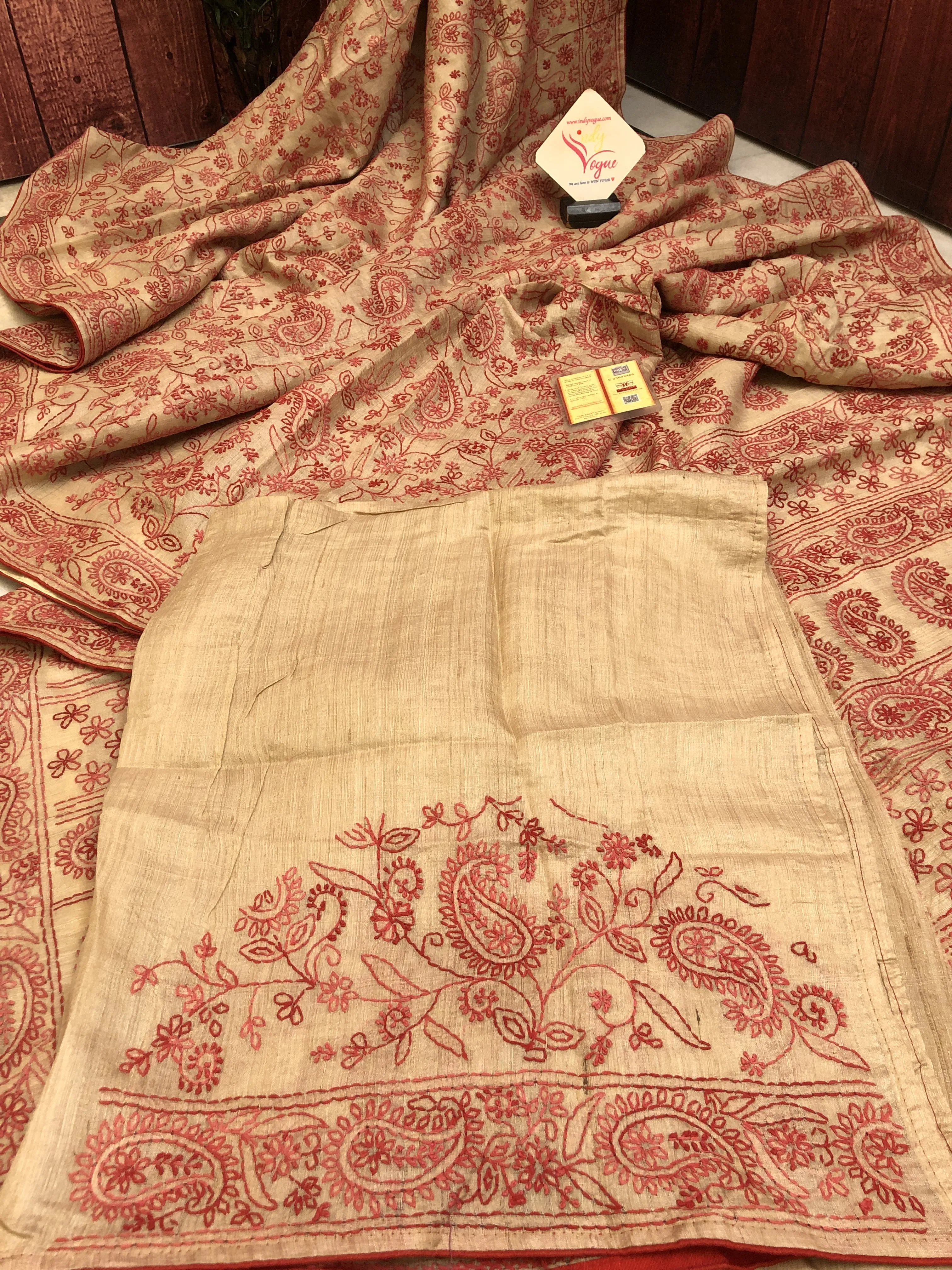 Natural Sandalwood & Red Color Tussar Silk Saree with Hand Embroidery & Chikankari Work