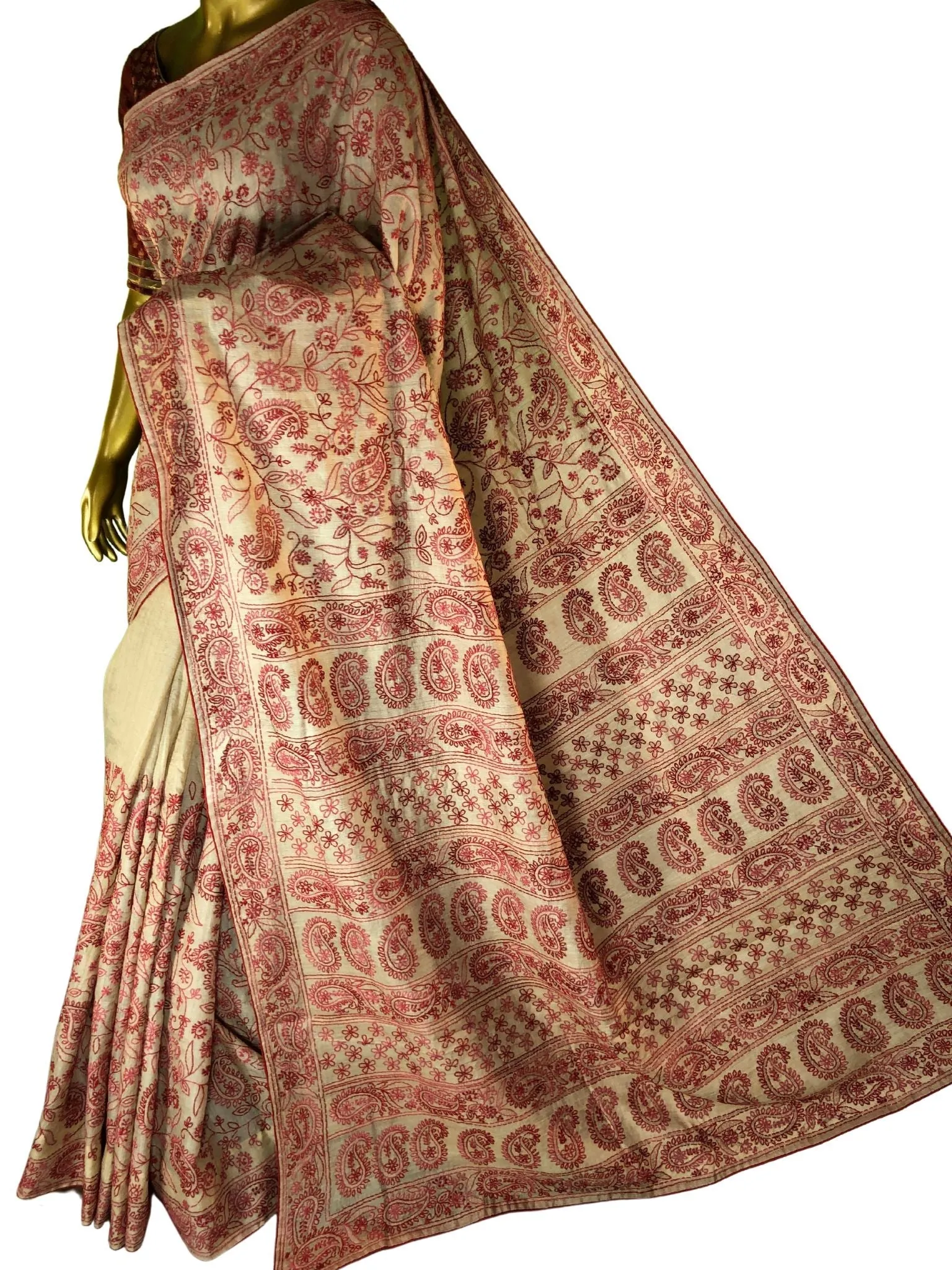 Natural Sandalwood & Red Color Tussar Silk Saree with Hand Embroidery & Chikankari Work