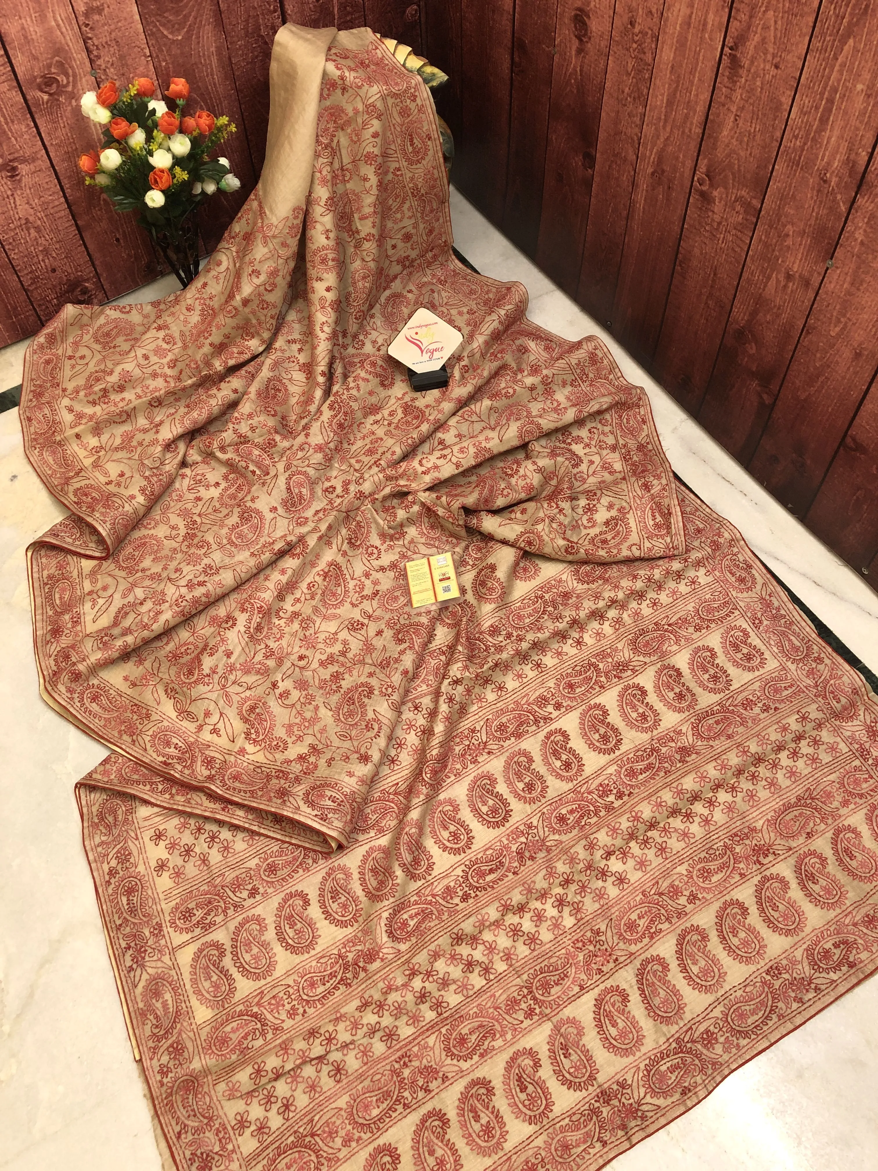 Natural Sandalwood & Red Color Tussar Silk Saree with Hand Embroidery & Chikankari Work