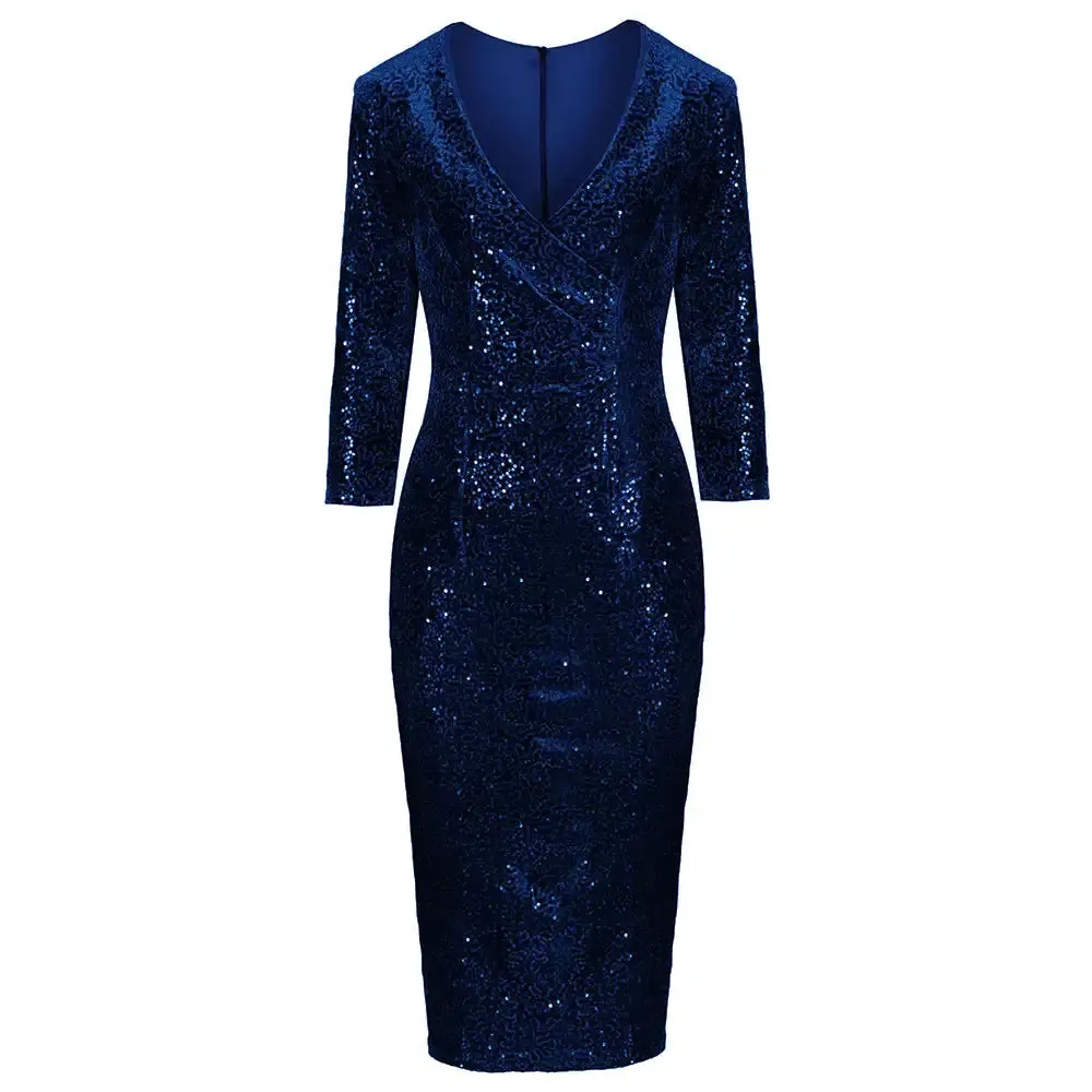 Navy Blue 3/4 Sleeve V Neck Velour Sequin Pencil Wiggle Dress