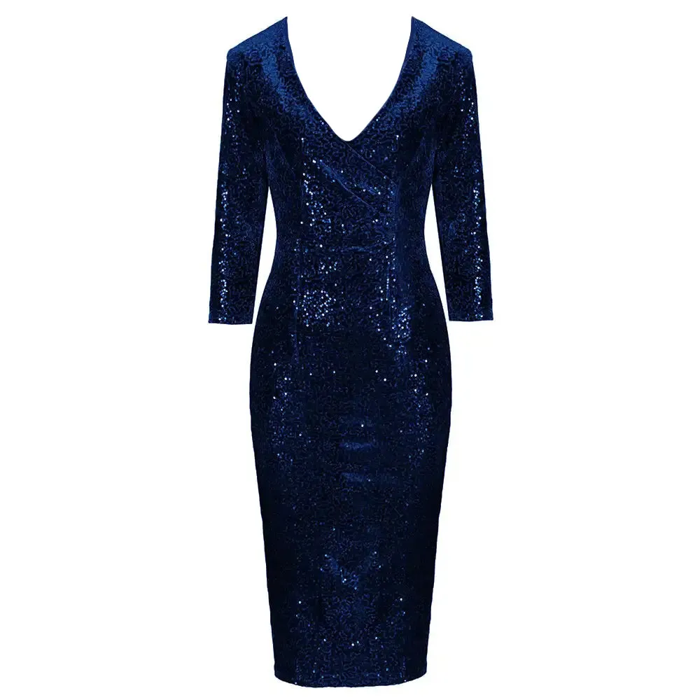 Navy Blue 3/4 Sleeve V Neck Velour Sequin Pencil Wiggle Dress