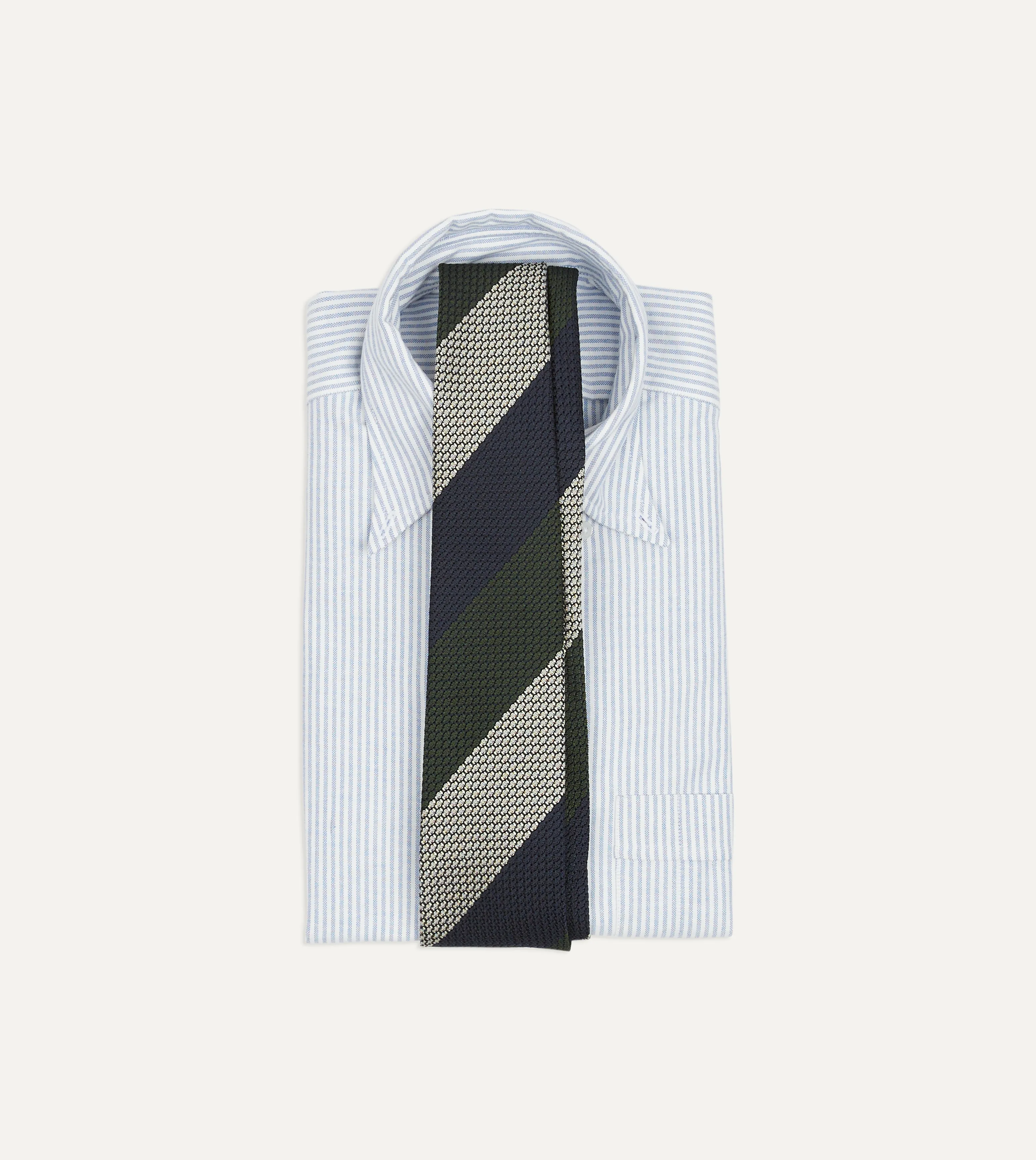 Navy, Green and White Wide Stripe Silk Grenadine Tie