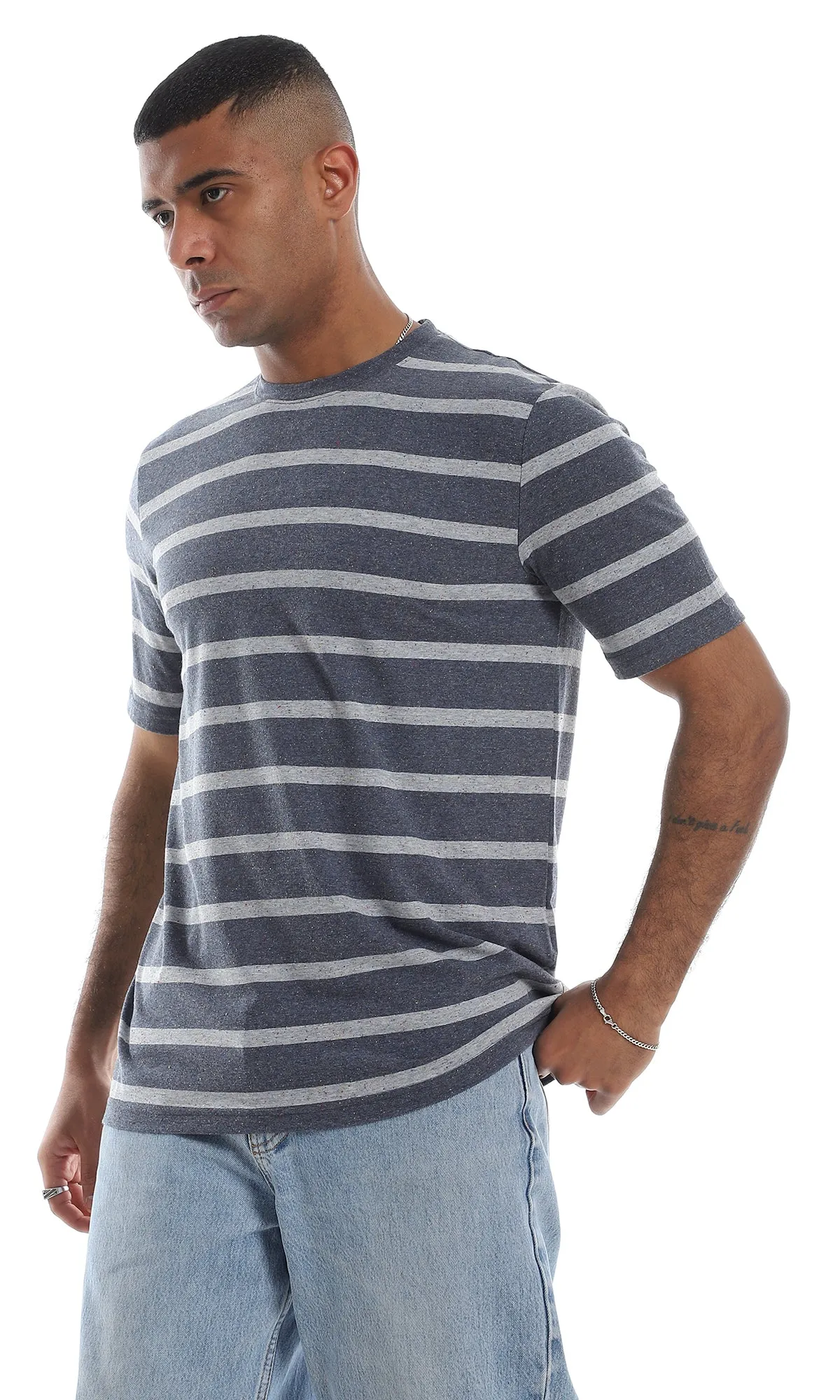 O164005 Striped Round Neck Short Sleeves Heather Navy Blue & Grey T-Shirt